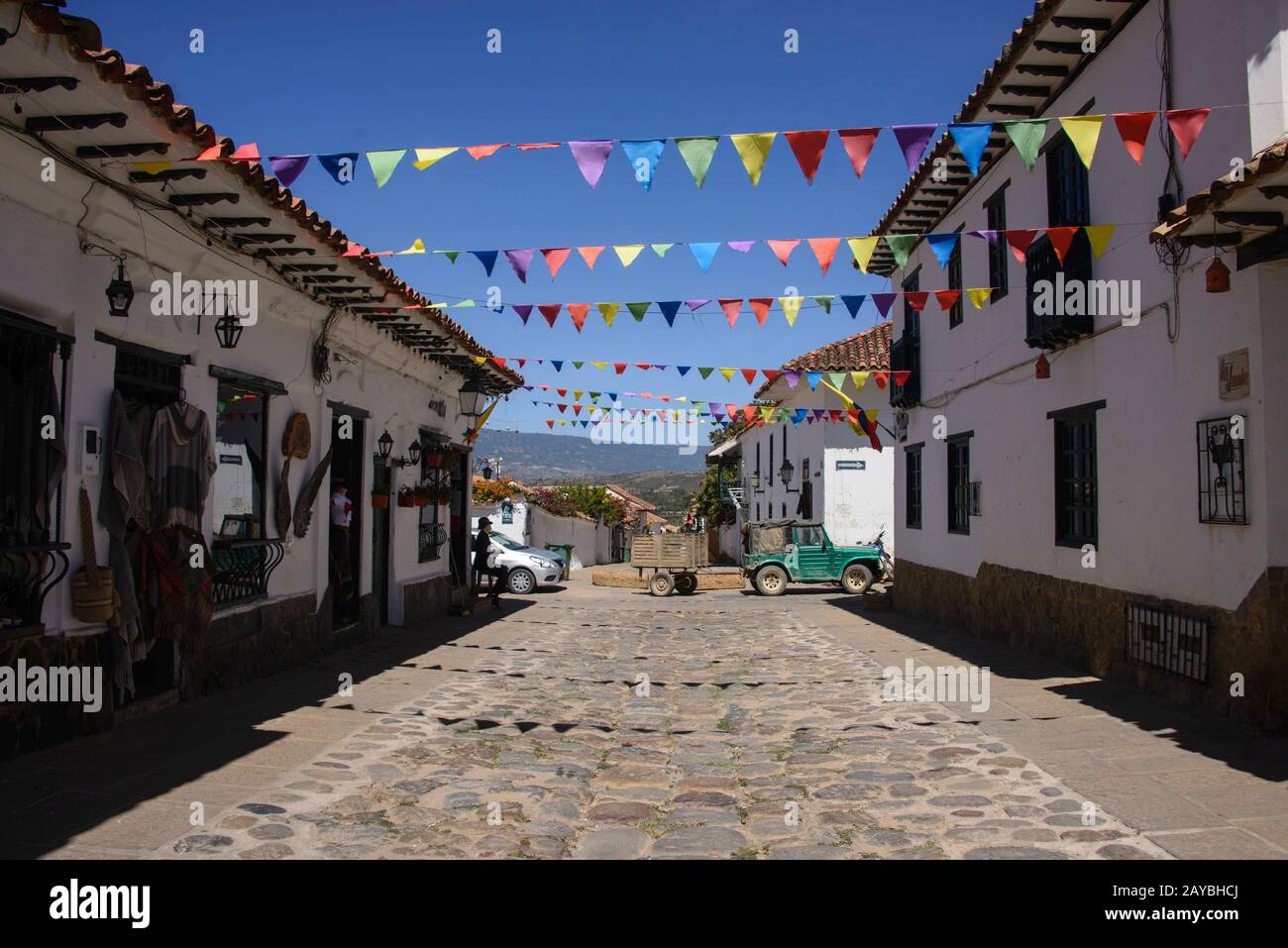 Gepflasterte Straßen in der bezaubernden kolonialen Villa de Leyva, Boyaca, Kolumbien Stockfoto