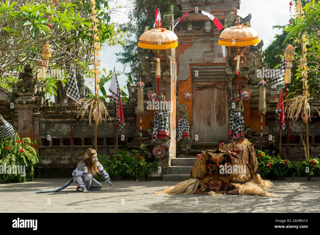 Der Barong-Charakter ist der magische Beschützer balinesischer Dörfer, hier mit der Affenfigur während des Barong- und Kris-Tanzes, der einen Schläger erzählt Stockfoto