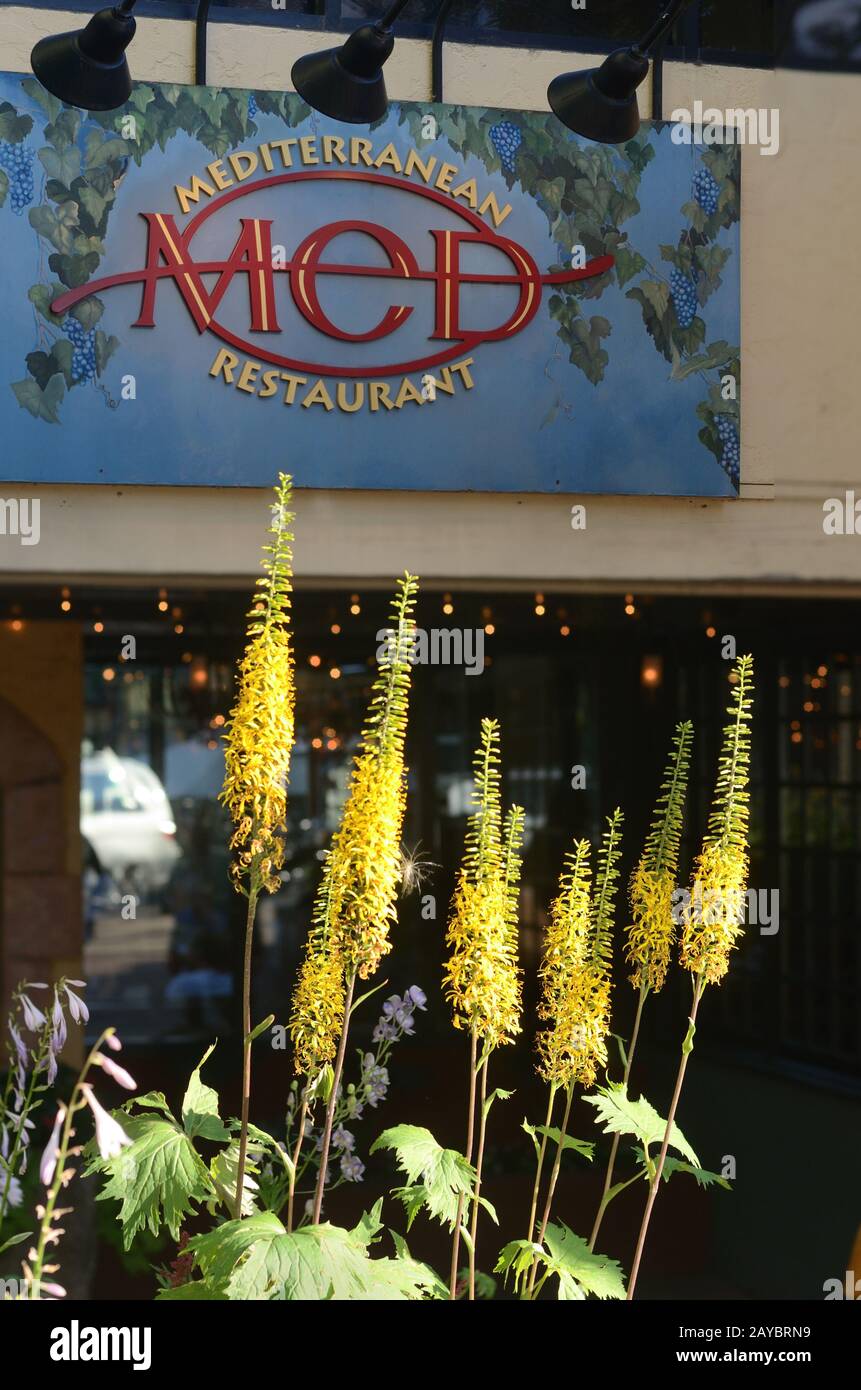 Das Med, mediterrane Restaurant, ist seit mehr als 20 Jahren ein beliebter Boulder. West Pearl Street. Stockfoto
