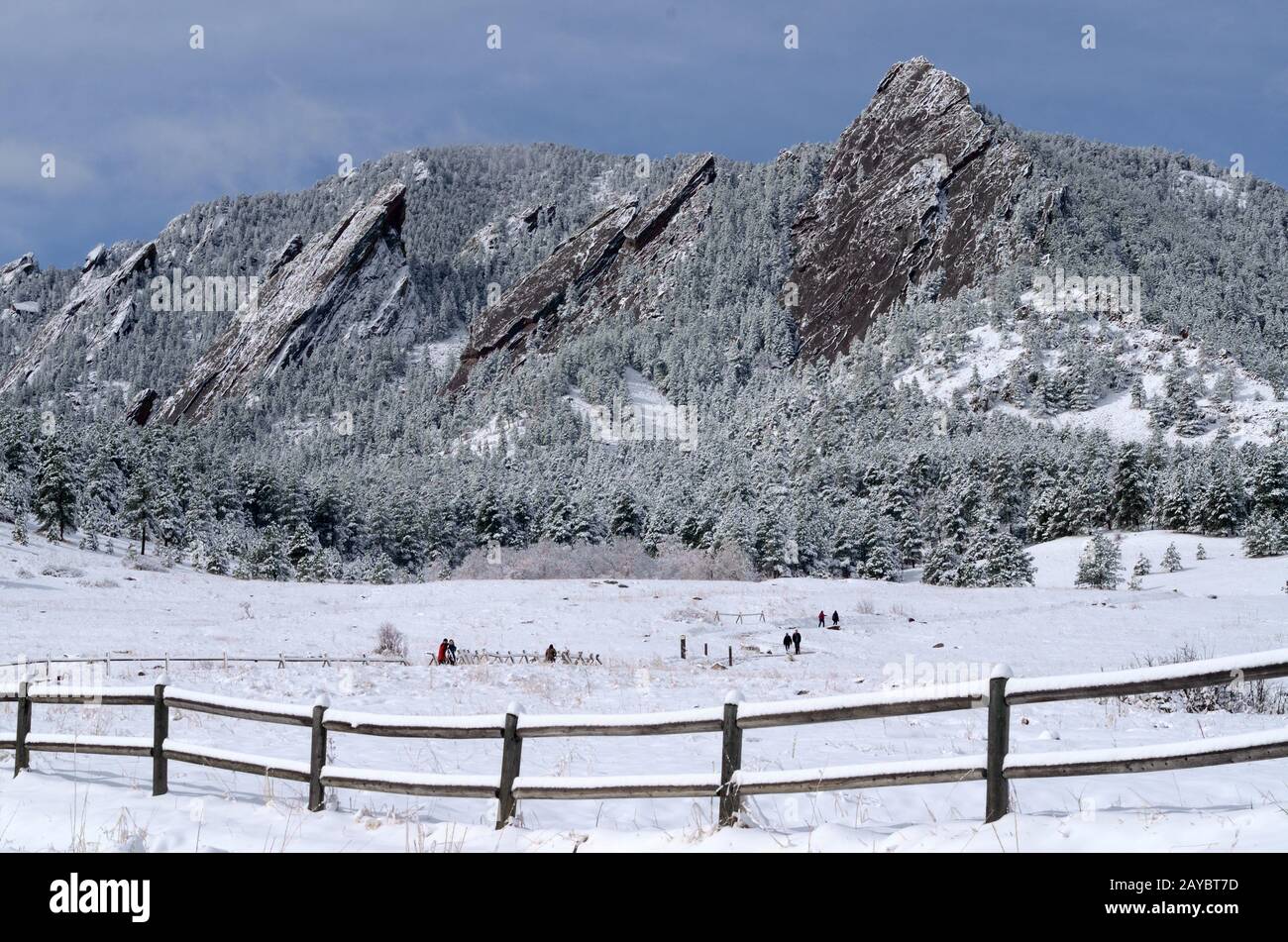 Die Flatirons auf dem Green Mountain sind das kultige Symbol von Boulder Colorado. Colorado Chautauqua National Historic Landmark. Stockfoto