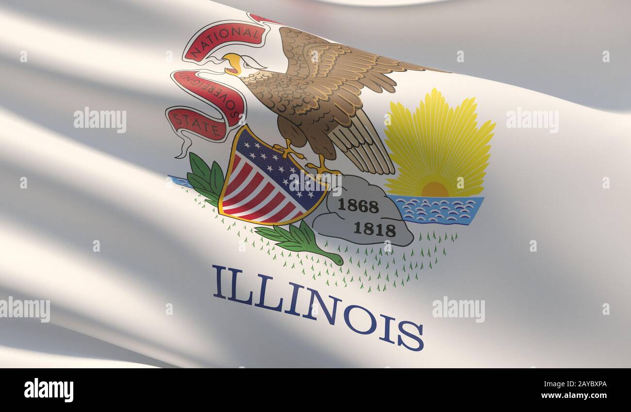 Hochauflösende Nahaufnahme Flagge von Illinois - Flaggensammlung der Vereinigten Staaten von Amerika. 3D-Abbildung. Stockfoto