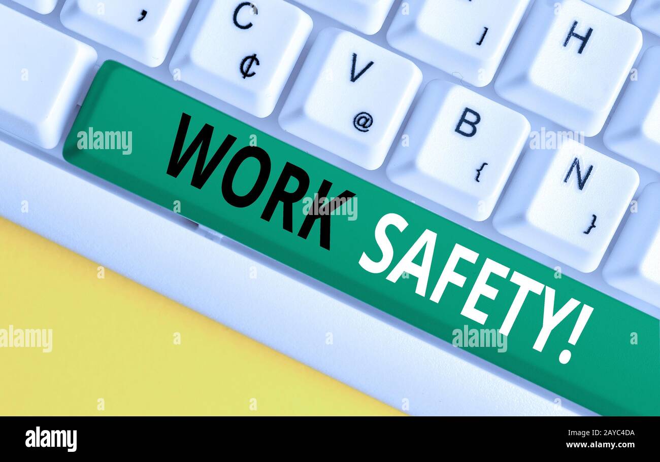 Word Writing Text Work Safety. Geschäftskonzept für Richtlinien und Verfahren zur Gewährleistung der Gesundheit der Mitarbeiter White pc-Schlüssel Stockfoto