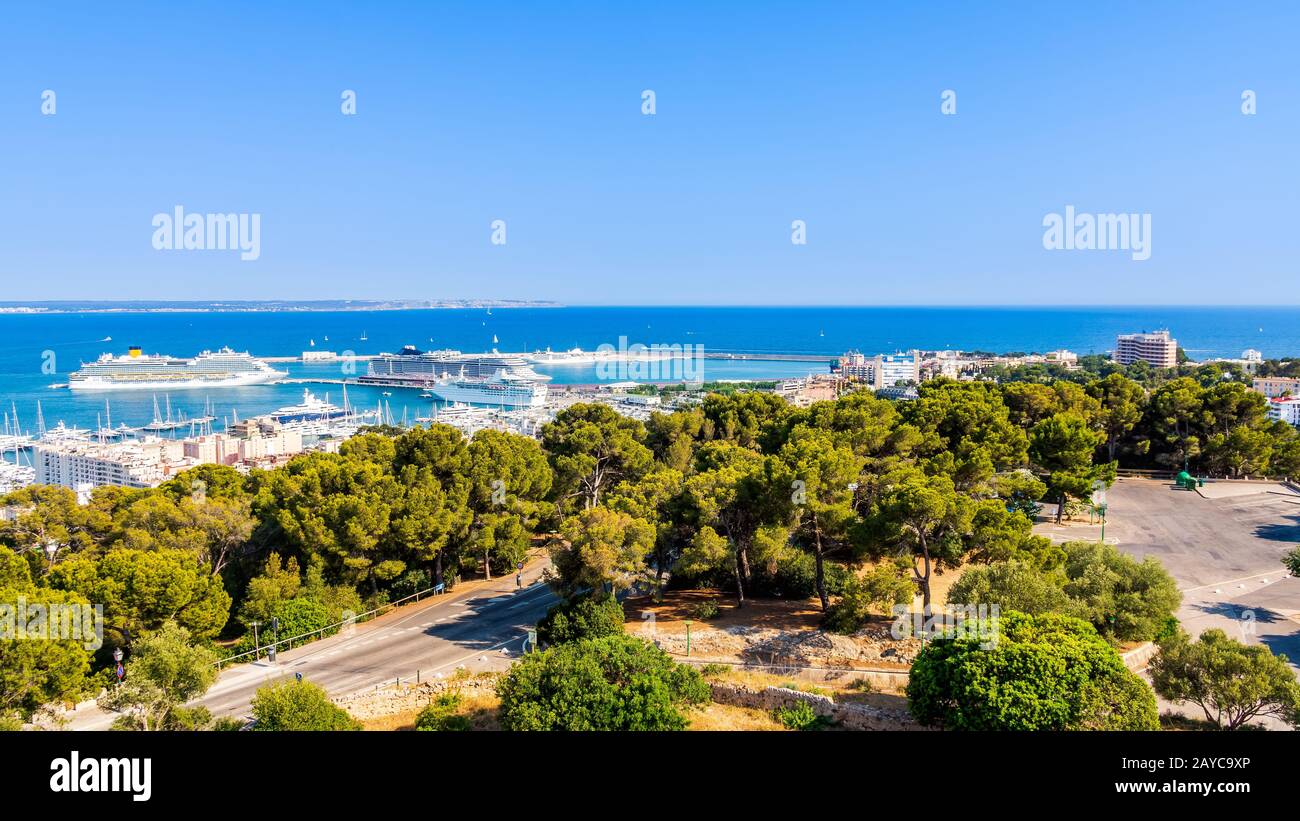 Panoramablick auf die Bucht mit Hafen, Yachten und Kreuzfahrtschiffen, Palma de Mallorca Stockfoto