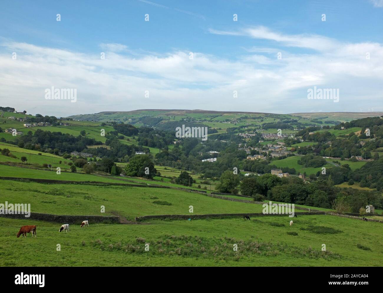 Blick auf das Dorf cragg Vale im calder Tal, umgeben von Bäumen und Feldern Stockfoto