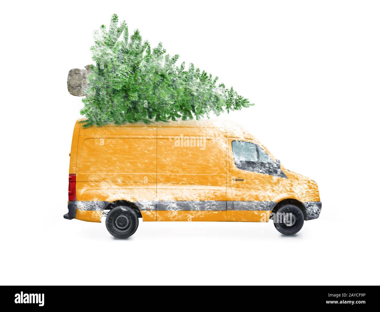 Lieferung Auto fahren mit einem Weihnachtsbaum auf dem Dach auf weißem Hintergrund. Transport und Fracht Konzept. Stockfoto