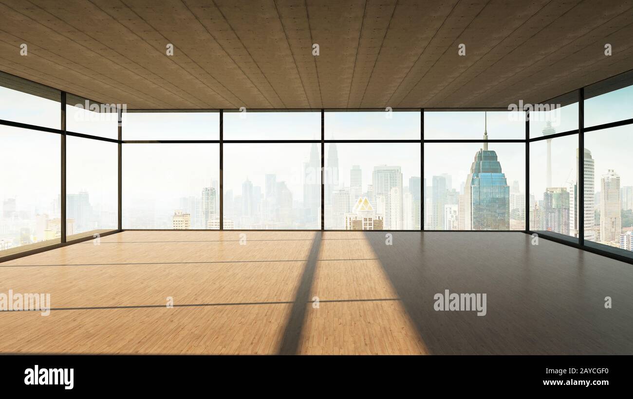 Blick auf den leeren Holzboden und die Zementdecke mit Blick auf die Skyline der Stadt. 3Gemischte Medien . Stockfoto