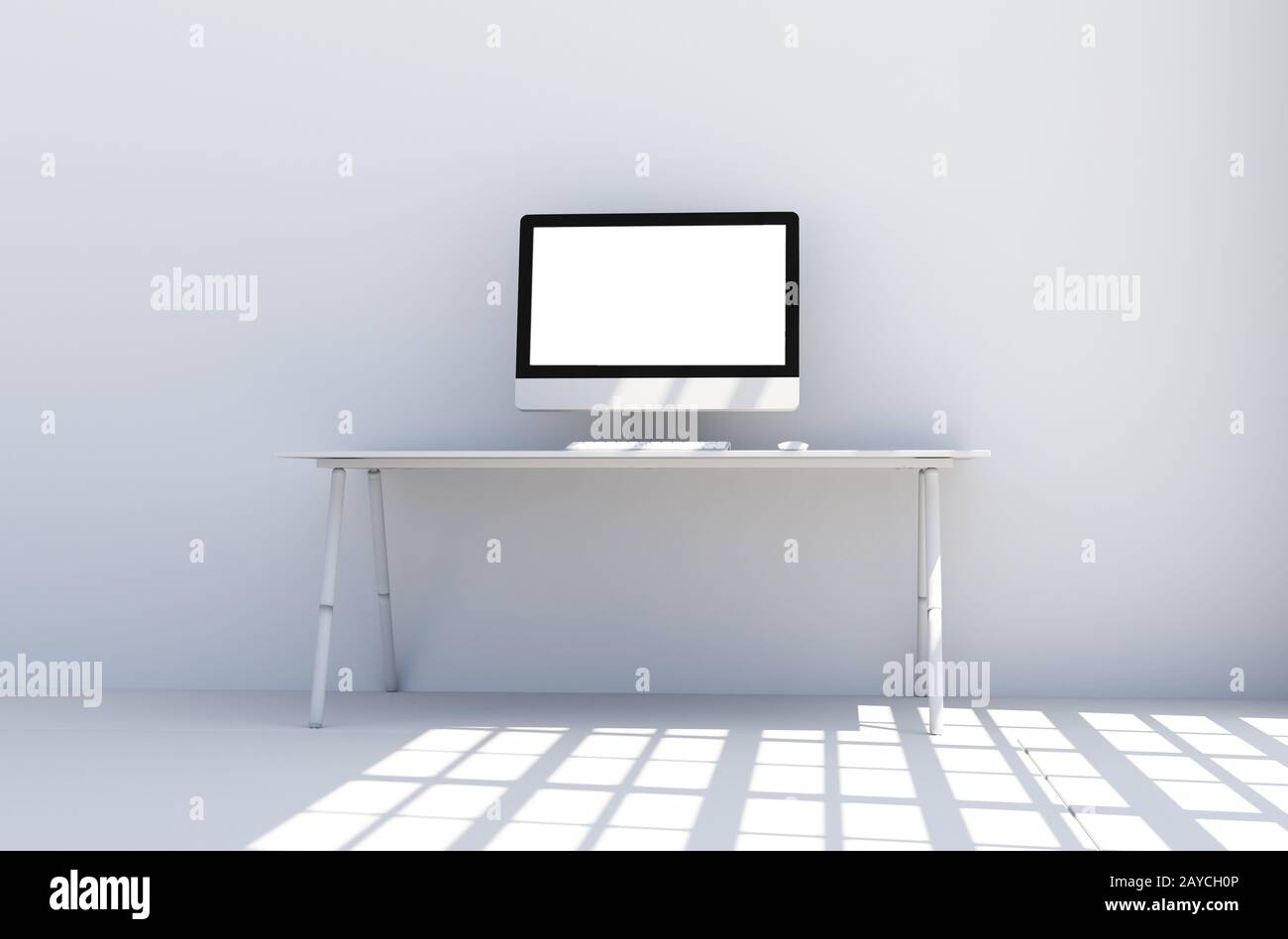 Desktop-Computer mit leerem Bildschirm auf dem Tisch . 3D-Renrering Stockfoto