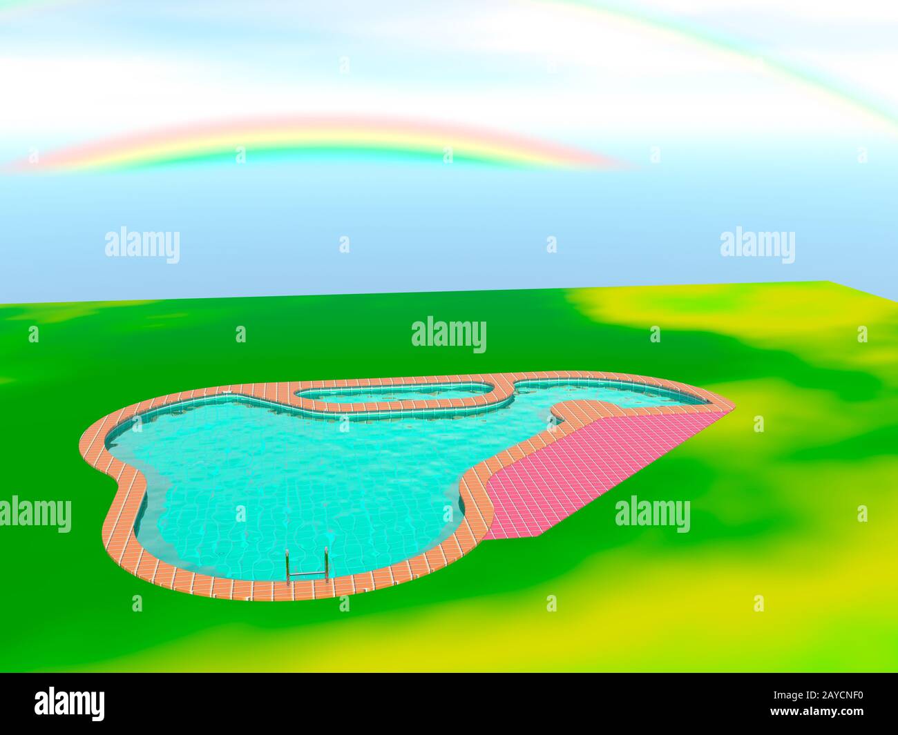 Schwimmbad im Garten mit Regenbogen am Himmel Stockfoto