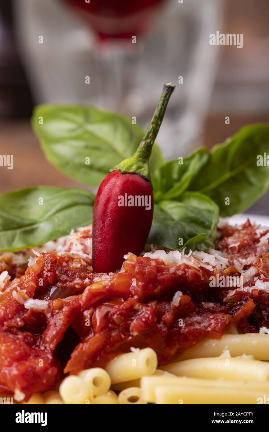 Rigatoni Pasta mit Tomatensauce Stockfoto