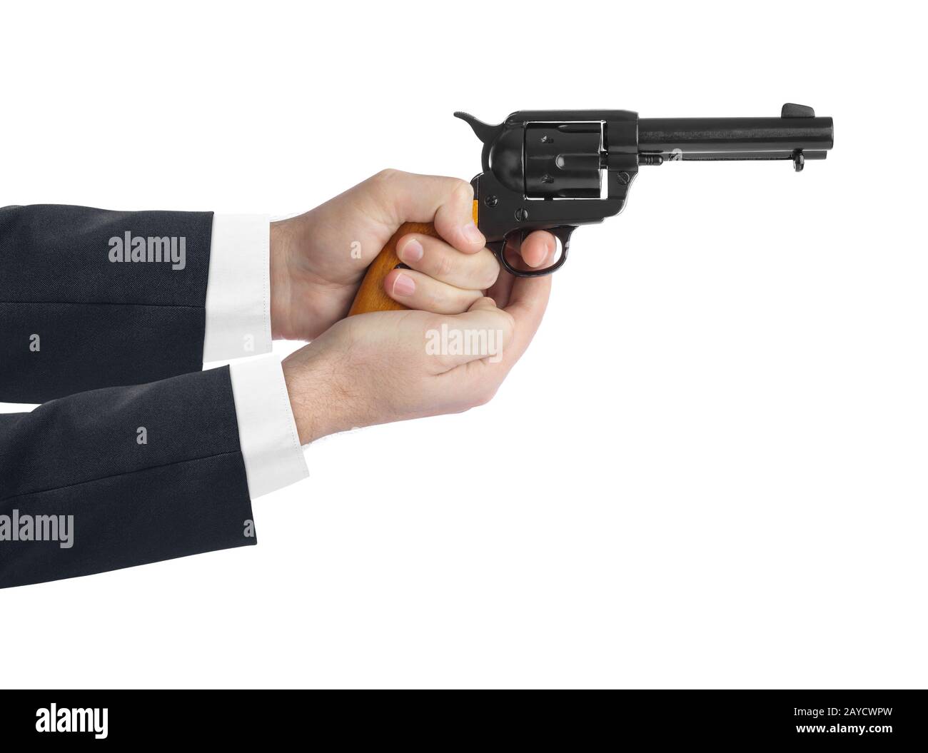 Hände mit Revolver Stockfoto