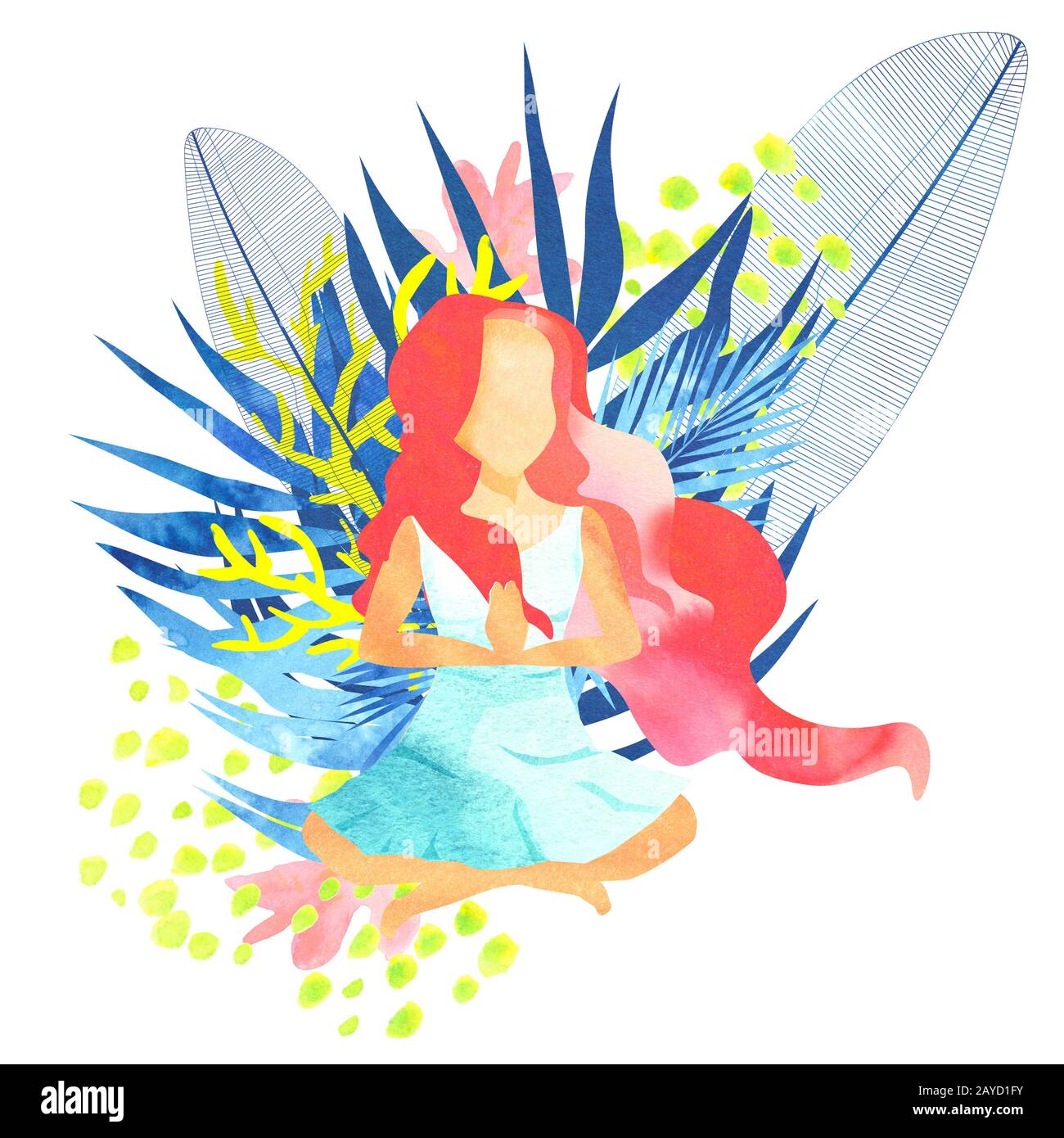 Illustration der Aquarellfrau mit langen roten Haaren, die in ihrem blauen Kleid sitzt und die Hände in namastem Gruß hält Stockfoto