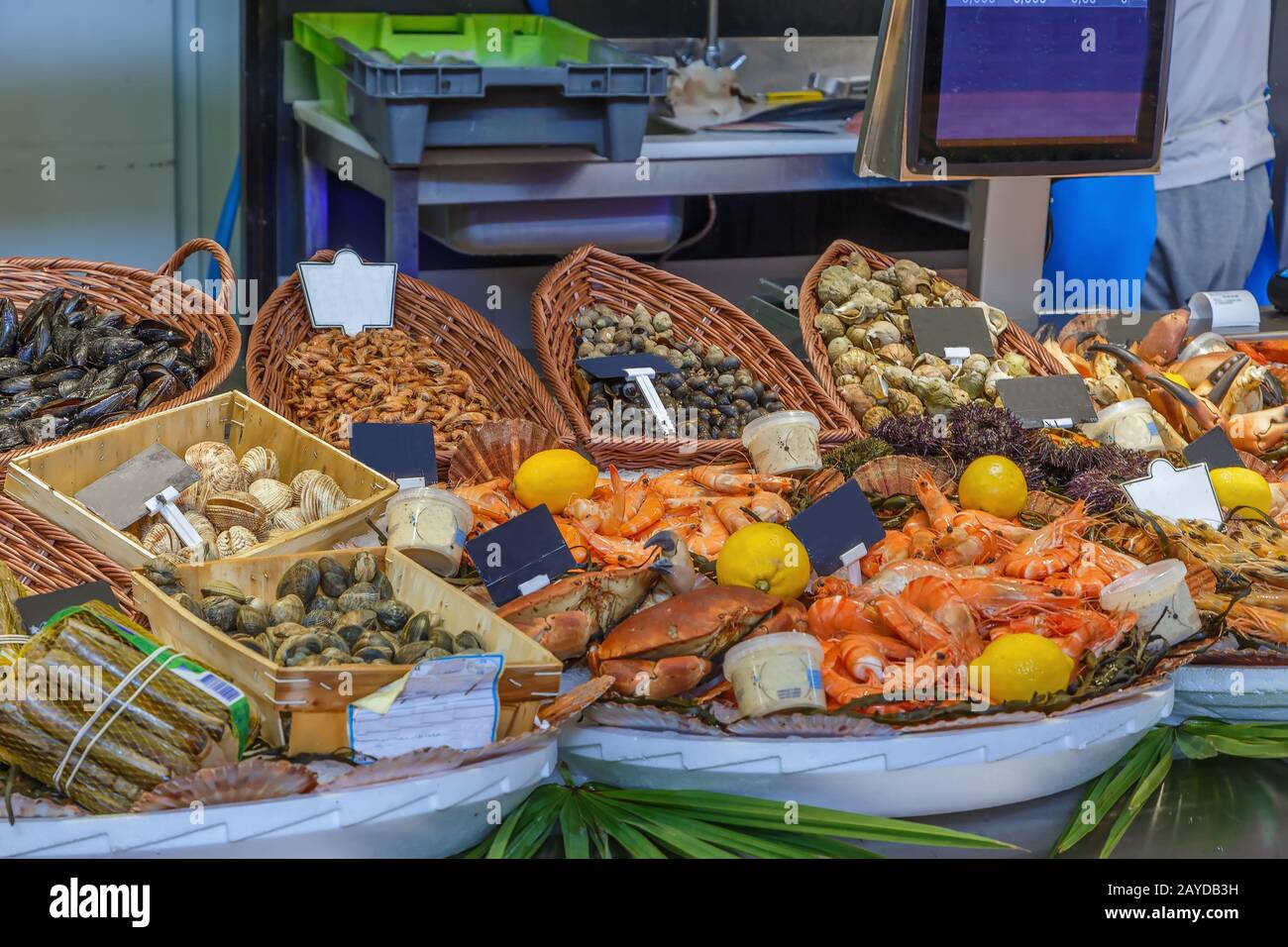 Theke mit Meeresfrüchten, Bayonne, Frankreich Stockfoto