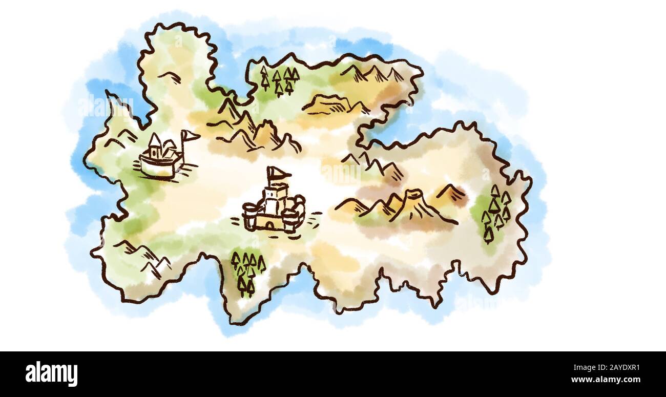 Mittelalterlichen Fantasy-Karte einer Insel, die Retro zeichnet Stockfoto