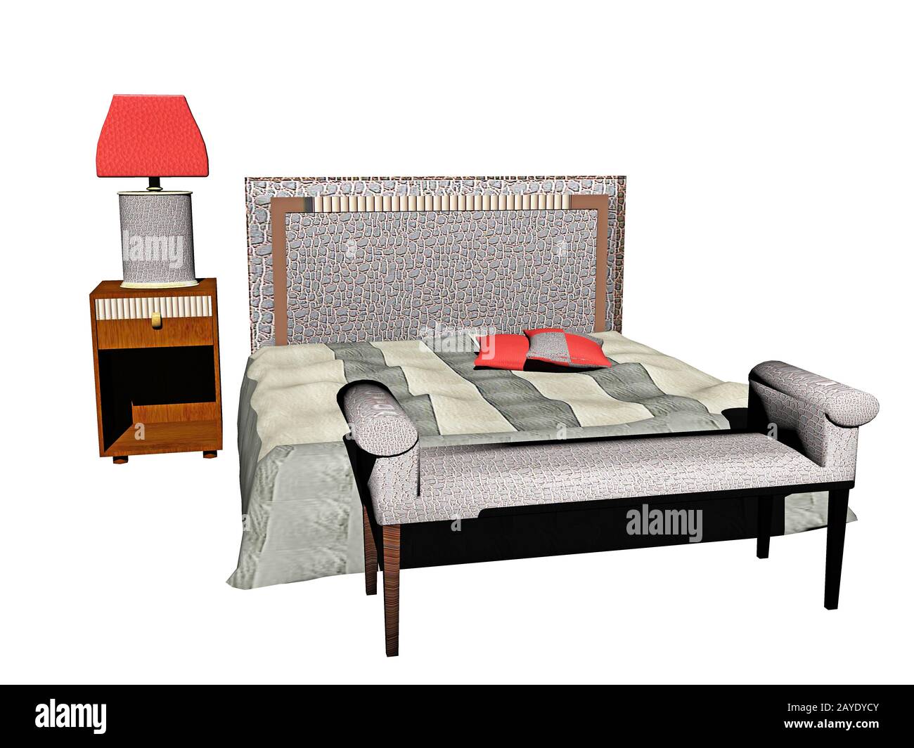 Schlafzimmer mit Bett und Nachttisch Stockfoto