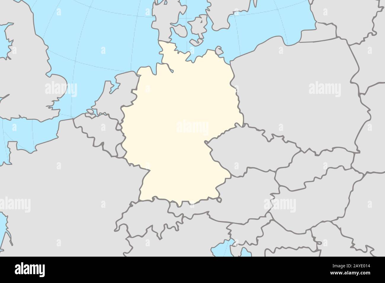 Teil der europäischen Weltkarte mit Deutschlandkarte, die das gelb unterlegte Land mit dem Rest der Europäischen Union grau zeigt Stockfoto