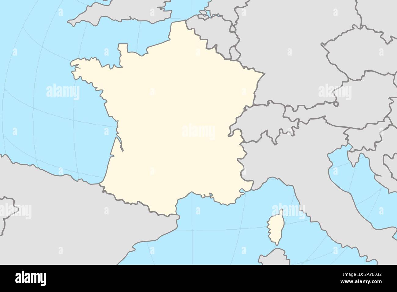 Teil der europäischen Weltkarte mit der französischen Karte, die das gelb markierte Land in grauer Farbe von anderen europäischen Ländern umgibt Stockfoto