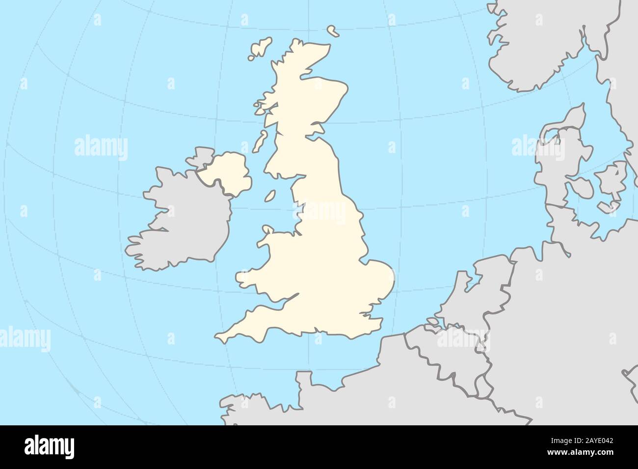 Teil der europäischen Weltkarte mit Der Karte Für Großbritannien, auf der das gelb unterlegte Land in grauer Farbe von der Europäischen Union umgeben ist Stockfoto