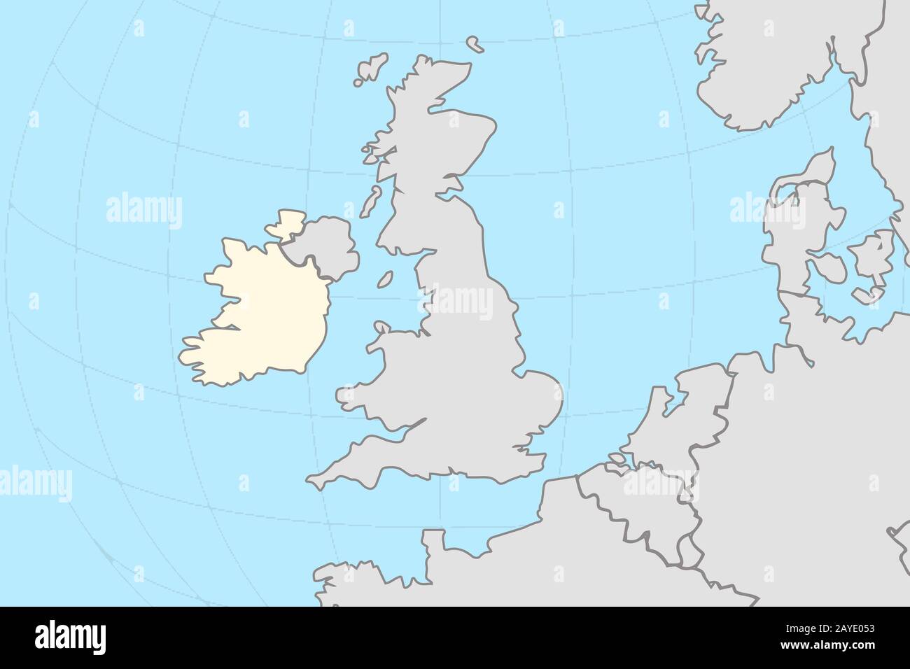 Teil der europäischen Weltkarte mit der Karte der Republik Irland, auf der das gelb unterlegte Land von anderen europäischen Ländern in grauer Farbe dargestellt wird Stockfoto