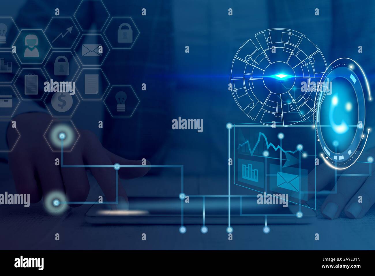 Foto des Netzwerksystems in modernen, intelligenten Geräten. Das Symbol für das Bildsymbol in der Abbildung zeigt das schematische Netzwerk telecomm Stockfoto