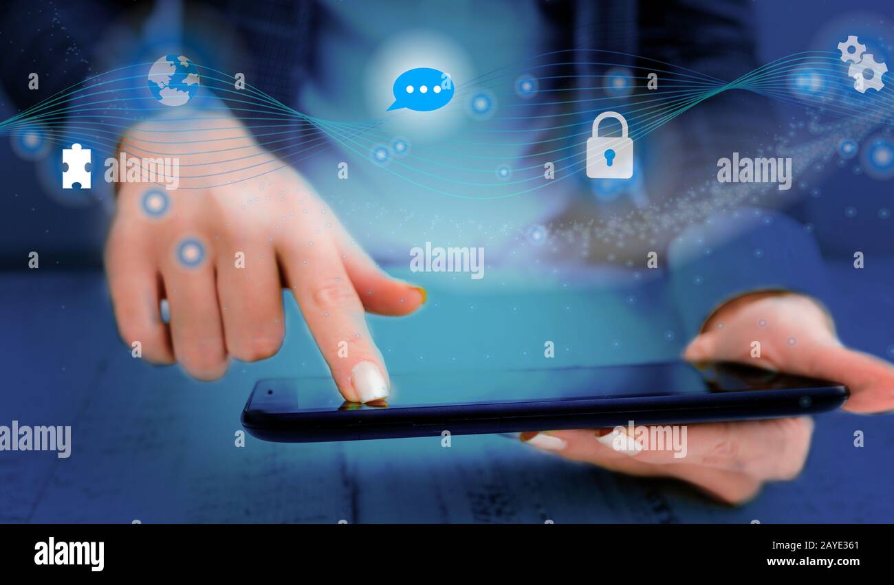 Foto des Netzwerksystems in modernen, intelligenten Geräten. Das Symbol für das Bildsymbol in der Abbildung zeigt das schematische Netzwerk telecomm Stockfoto