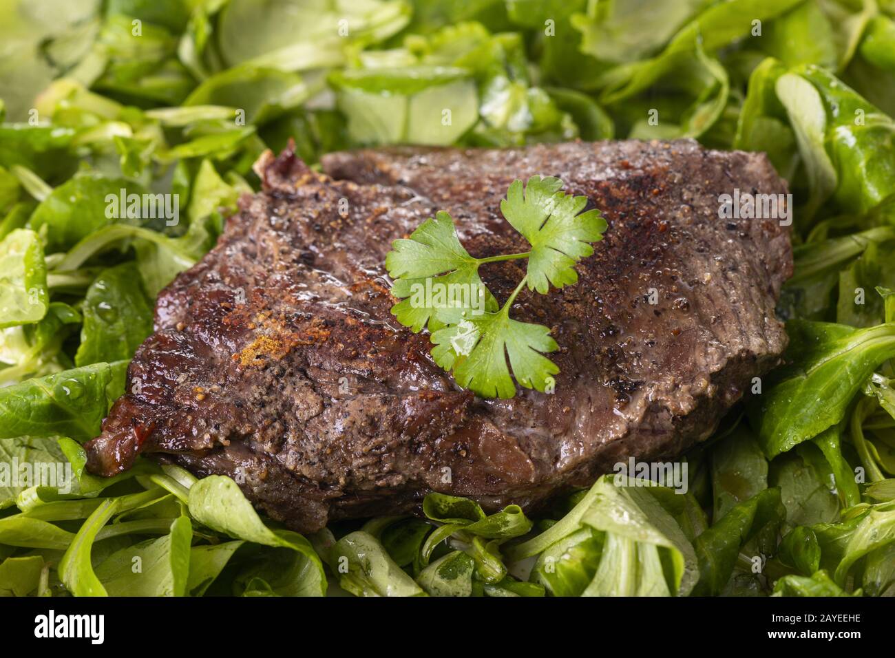Gegrilltes Steak auf Feldsalat Stockfoto