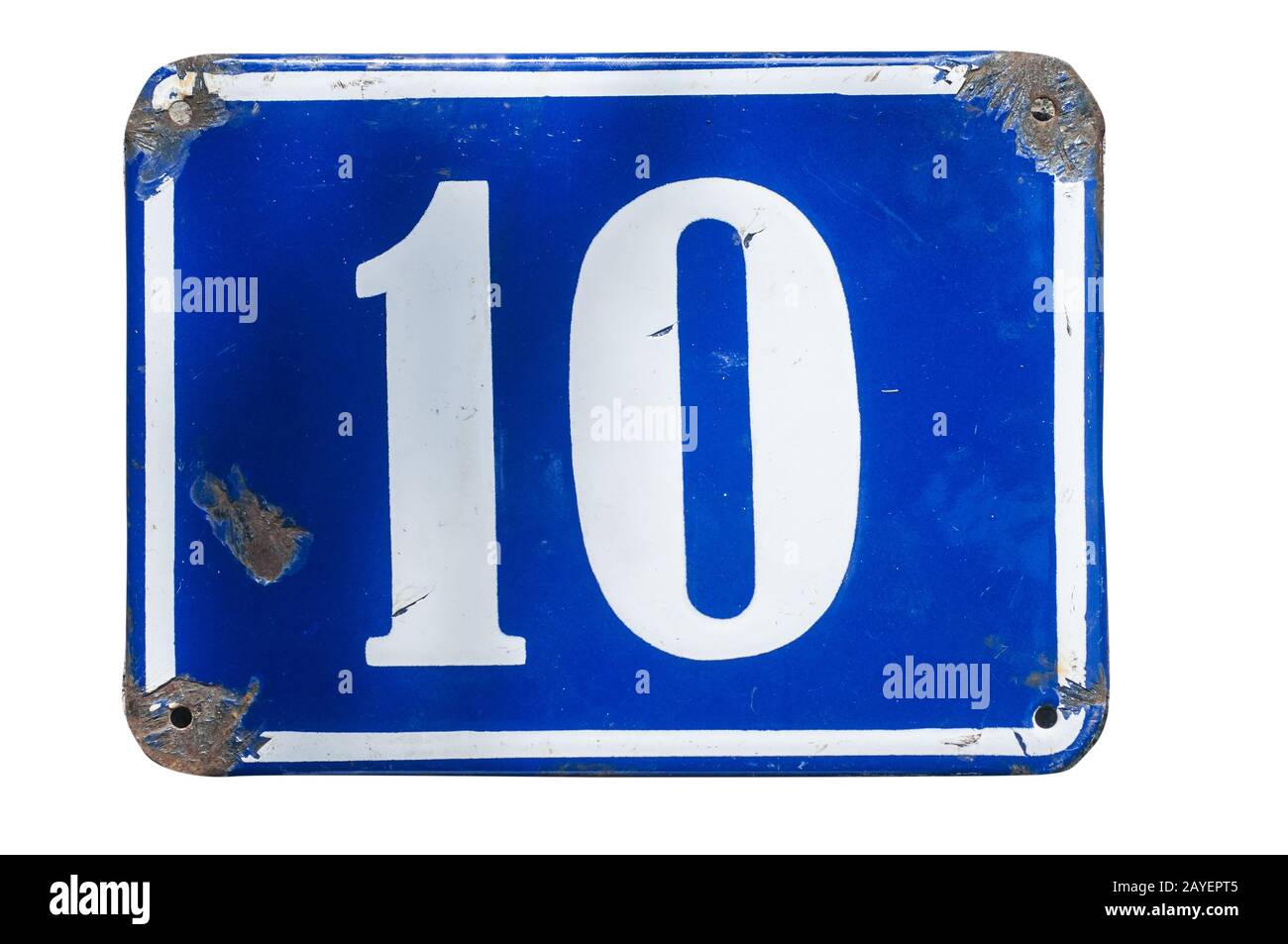 Verwitterte grunge square Metall emailliert Platte auf die Zahl der Straße mit der Nummer 10 Nahaufnahme Stockfoto