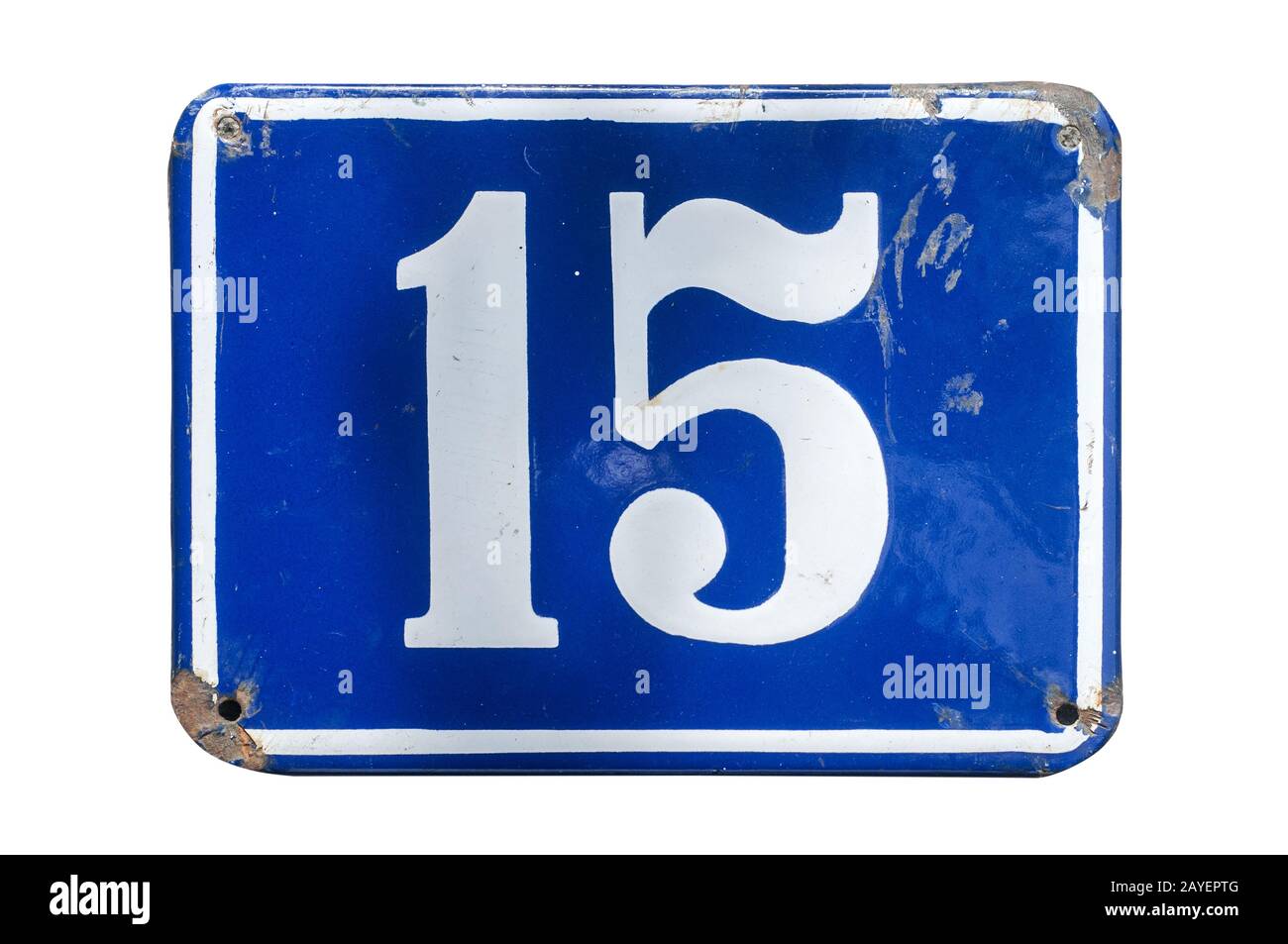Verwitterte grunge square Metall emailliert Platte auf die Zahl der Straße mit der Nummer 15 Nahaufnahme Stockfoto