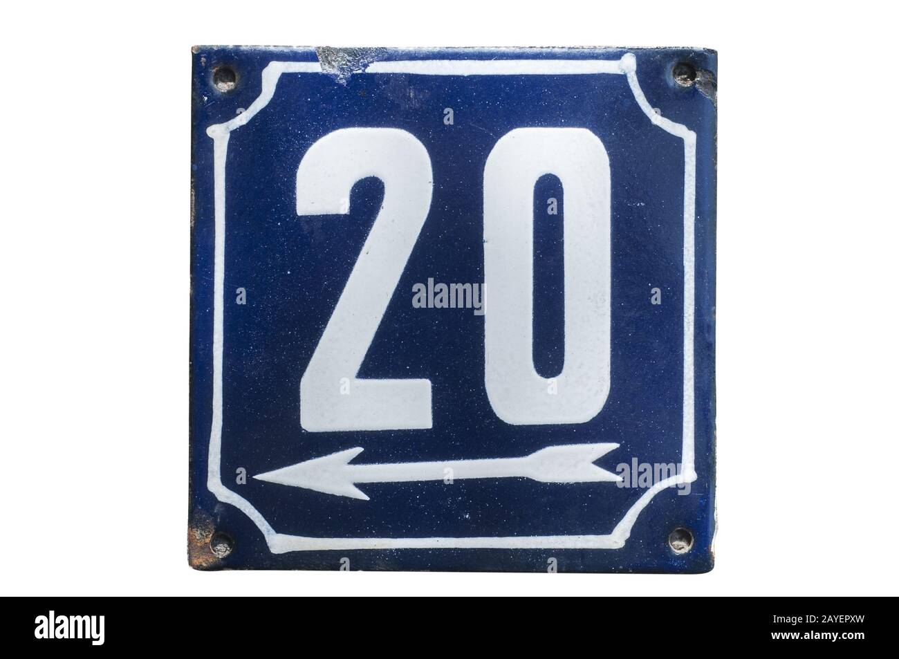 Verwitterte grunge square Metall emailliert Platte auf die Zahl der Straße mit der Nummer 20 Nahaufnahme Stockfoto