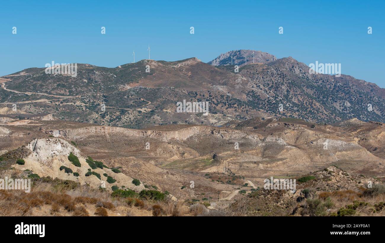Windkraftanlagen an der Südküste auf der Insel Kos Griechenland Stockfoto