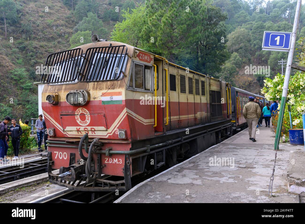 Shimla Spielzeugeisenbahn im Barog-Bahnhof, Indien Stockfoto