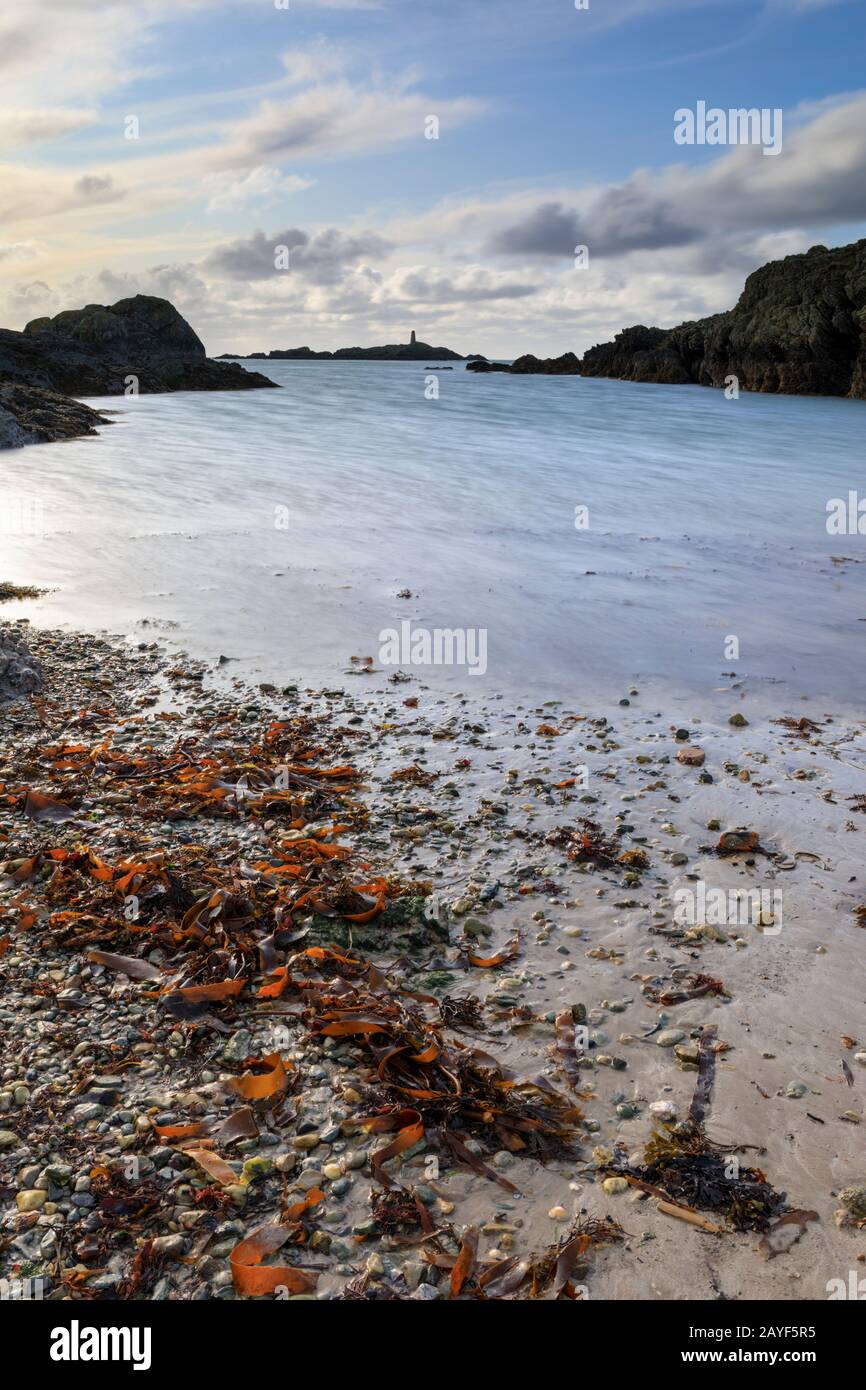 Rhoscolyn Beacon aus Porth y Cogwgl Beach eingefangen Stockfoto