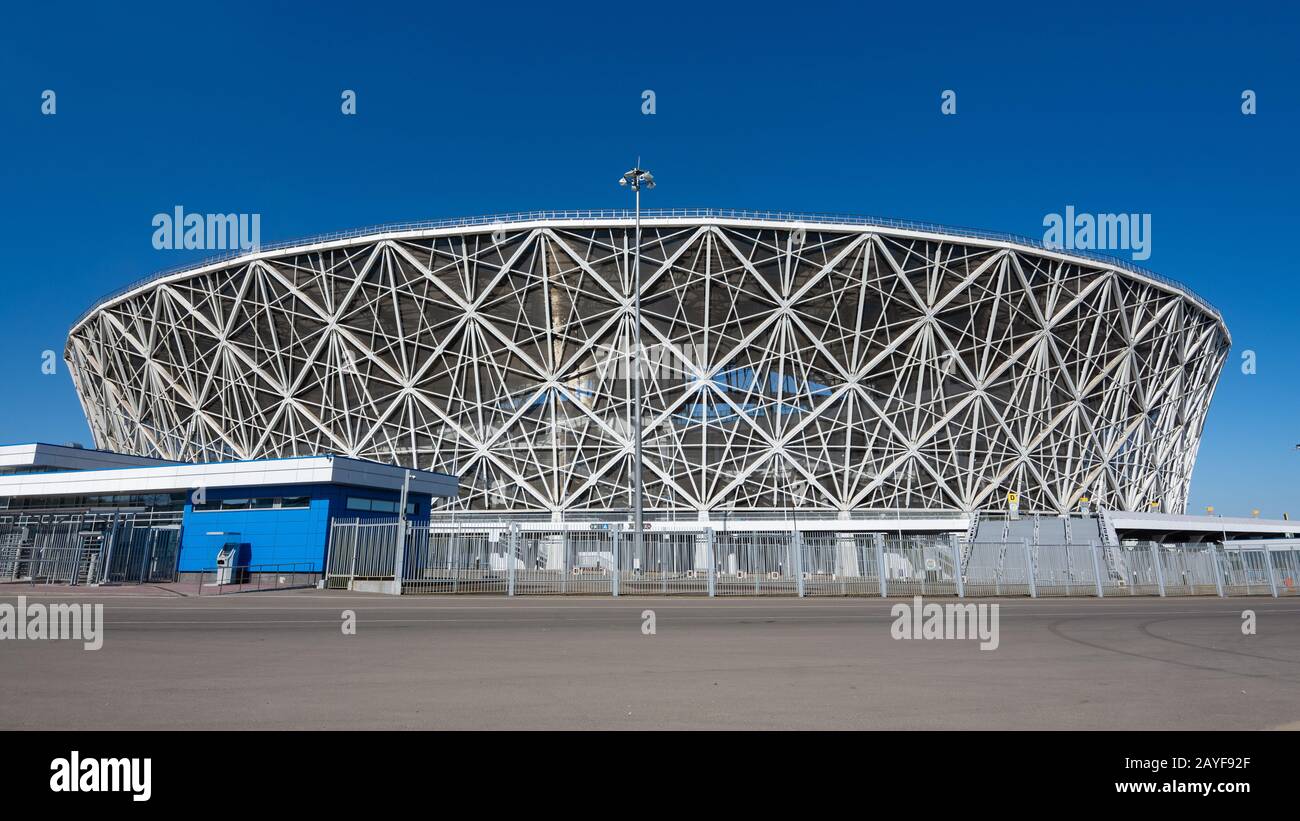 Wolgograd, Russland - 26. August 2019: Das Fußballstadion Wolgograd Arena, in dem die Spiele der Weltmeisterschaft 2018 in Vol ausgetragen wurden Stockfoto