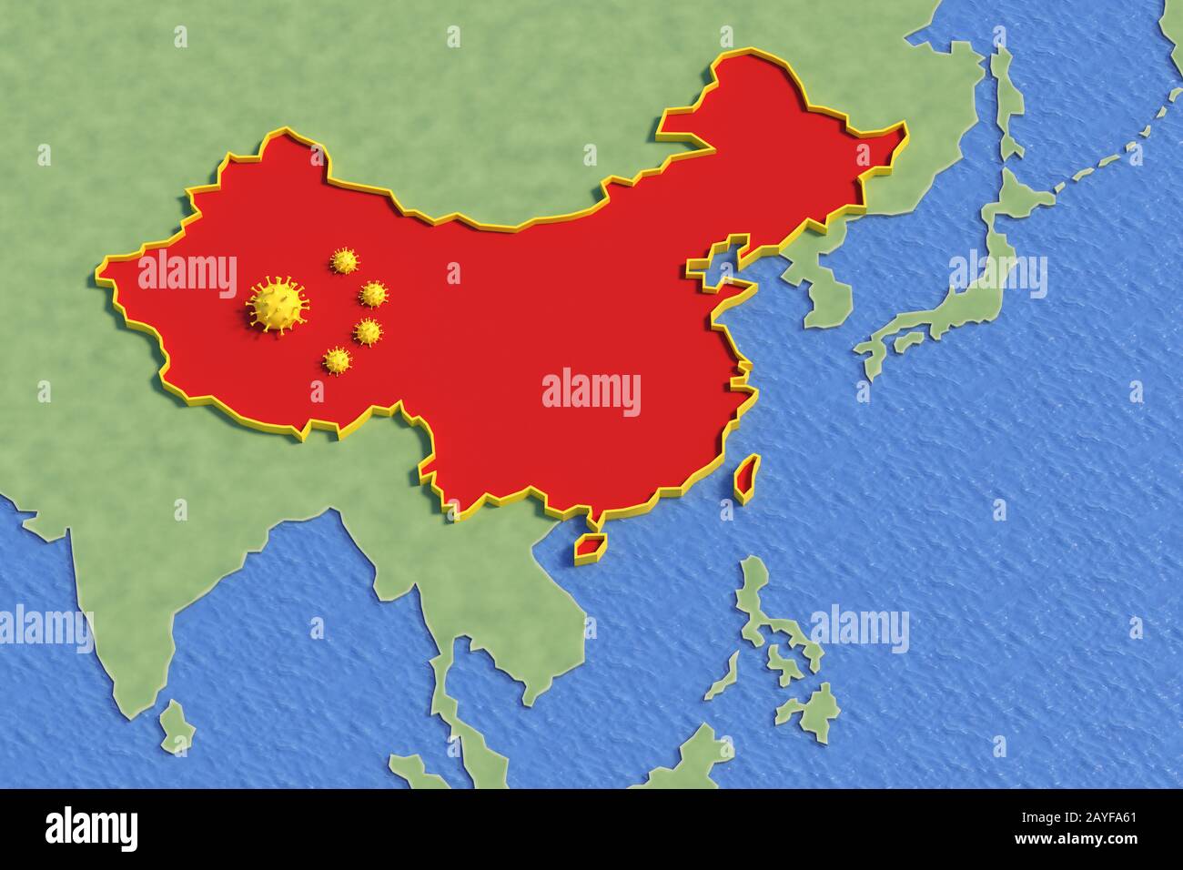 Karte republik china isoliert vom Rest der Welt wegen des Coronavirus, das als china-flagge dargestellt wird, Konzept-3d-Abbildung Stockfoto
