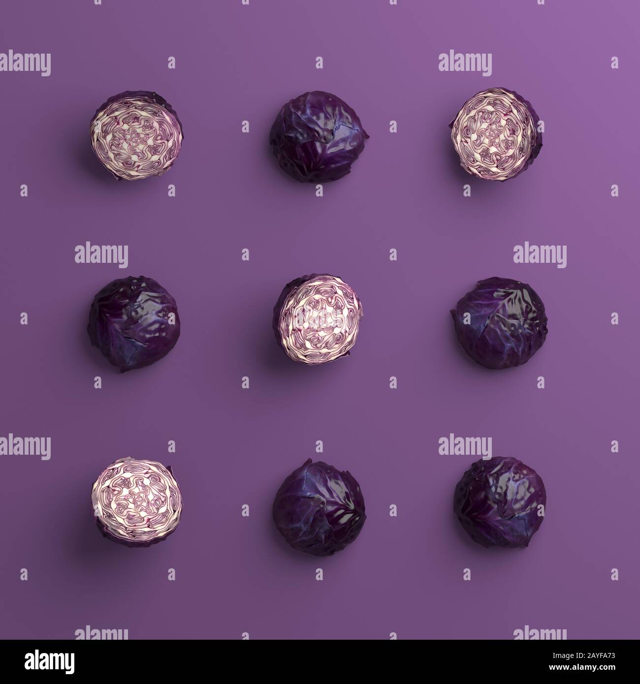 Set aus rotem Cabbages Array als Tic tac Toe Game Board auf violettem Hintergrund als Konzept für WIN und Helty Life Stockfoto