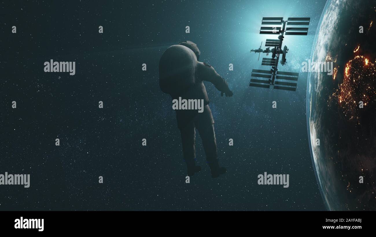 Realistische Raumfahrer fliegen zu drehenden ISS-Sonnenflare. Tag des Übergangs der Erde. Internationale Raumstation umkreist. 3D-Animation. Entdeckung der fernen Welt. Von der NASA eingerichtete Medienelemente. Stockfoto
