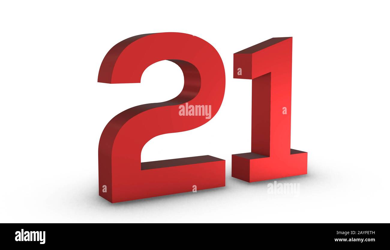 3D Glänzend Rot Nummer Twenty One 21 Isoliert auf weißem Hintergrund. Stockfoto
