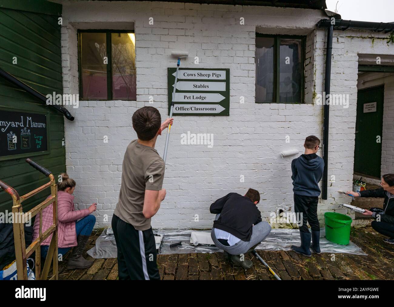 Edinburgh, Schottland, Großbritannien. Februar 2020. Gorgie City Farm: Die neuen "LOVE Gorgie Farm Volunteers" bereiten die Farm für die Eröffnung vor, während Kinder eine Wand malen. Love Learning, eine Bildungs- und Sozialhilfe zur Unterstützung verletzter Personen, kündigte im Januar 2019 die Übernahme der städtischen Farm an. Der Hof wird am 29. Februar 2020 wieder eröffnet Stockfoto