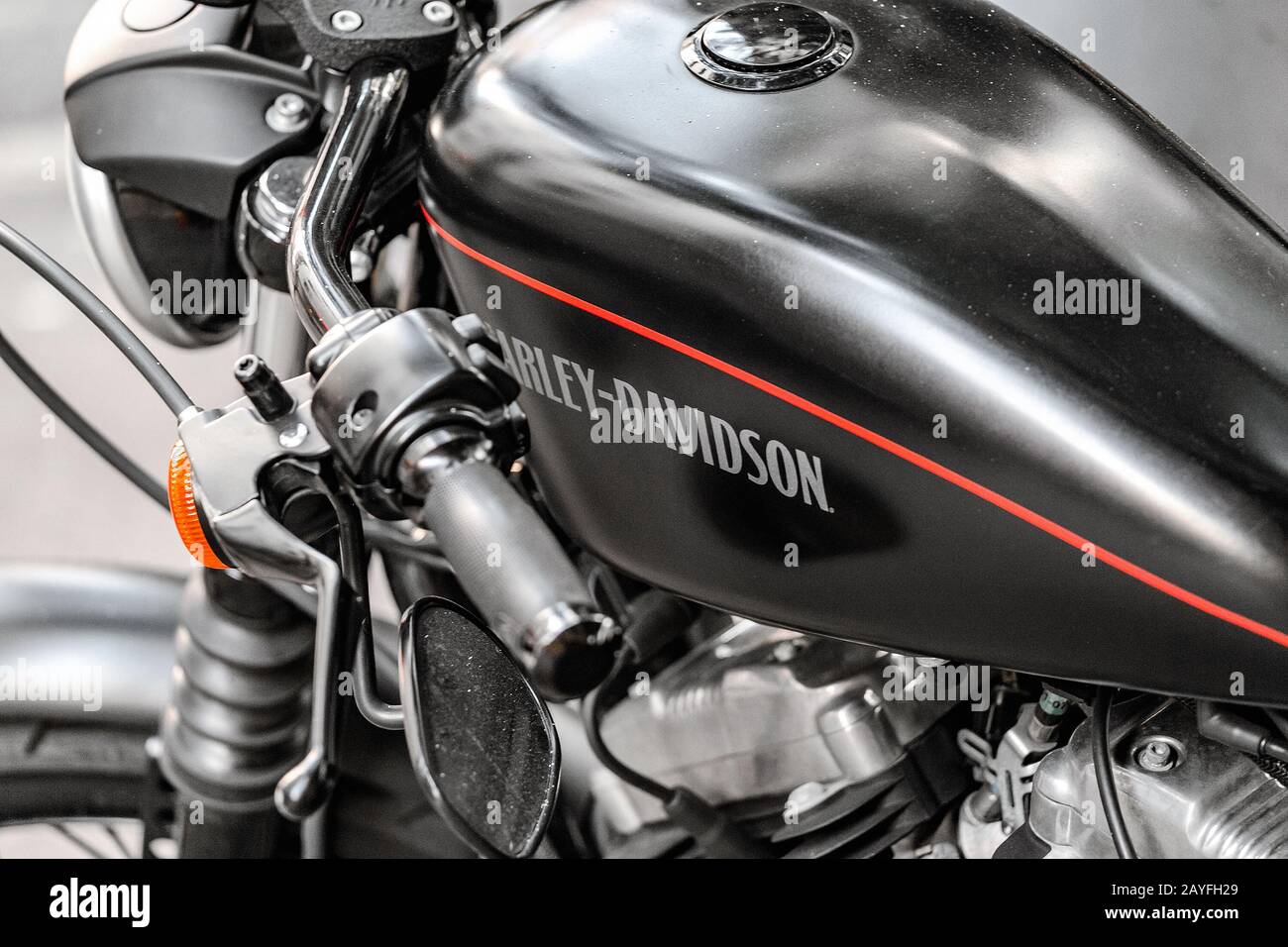 12. JULI 2018, BARCELONA, SPANIEN: Detail und Logo von Harley Davidson Motorrad Stockfoto