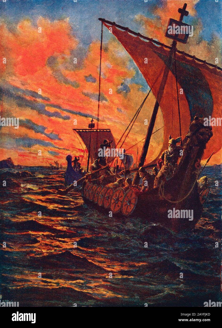 Eine Illustration mit dem Titel "The Vikings Return", die um 1914 von John Harris Valda stammt und eine Wikinger-Langschiff-Flotte zeigt, die von einem überfall zurückkehrt Stockfoto