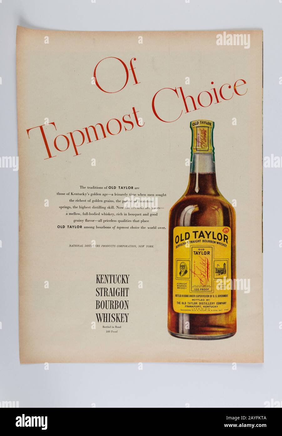 1946 Life Magazine Werbung für Old Taylor Bourbon Whiskey, USA Stockfoto