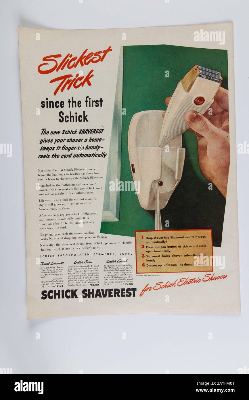 1946 Life Magazine Werbung für Schick Electric Razors, USA Stockfoto