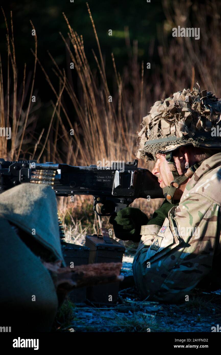 Truppen der British Army aus dem 3rd Battalion, Die Gewehre bei einer Trainingsübung auf Kirkcudbright Training Area, Dumfries and Galloway Southwest Scotland Stockfoto