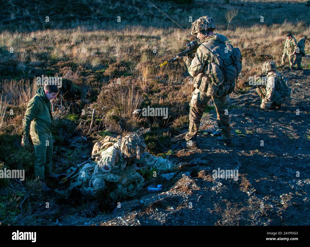 Truppen der British Army aus dem 3rd Battalion, Die Gewehre bei einer Trainingsübung auf Kirkcudbright Training Area, Dumfries and Galloway Southwest Scotland Stockfoto