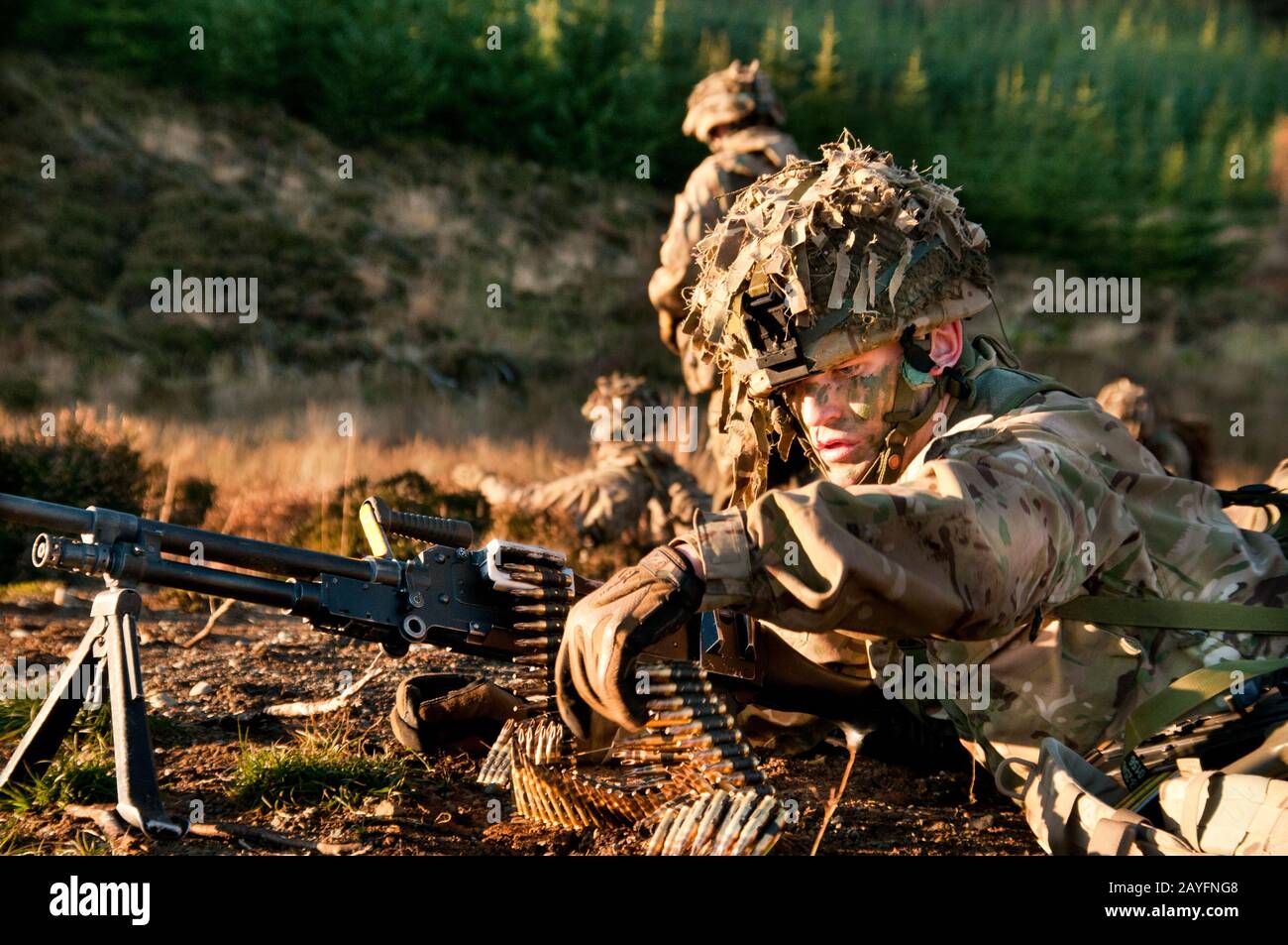Truppen der British Army aus dem 3rd Battalion, Die Gewehre bei einer Trainingsübung auf Kirkcudbright Training Area, Dumfries and Galloway Southwest Scotland Stockfoto