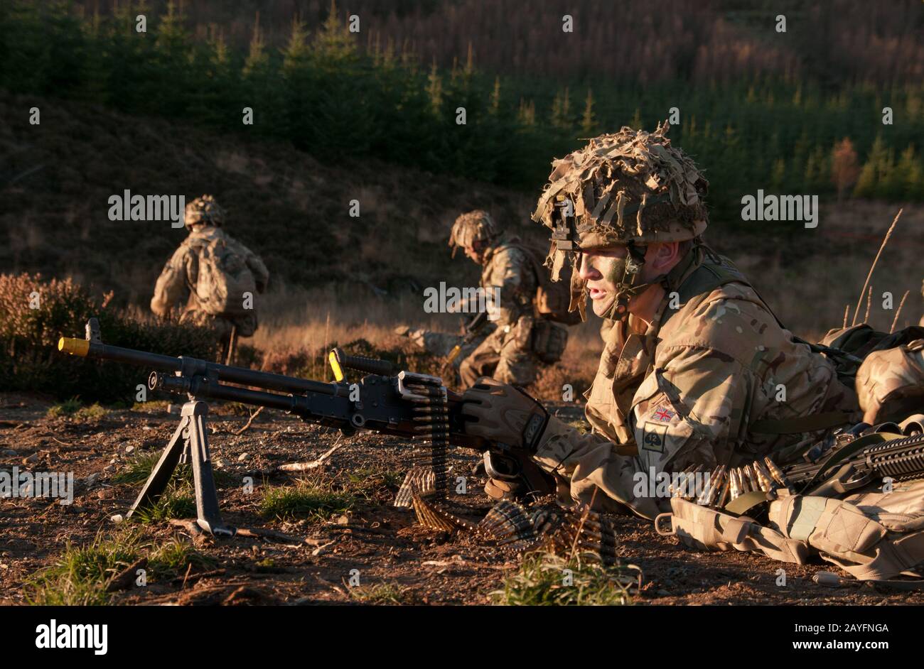 Truppen der British Army aus dem 3rd Battalion, Die Gewehre bei einer Trainingsübung auf Kirkcudbright Training Area, Dumfries and Galloway Southwest Scotland Stockfoto