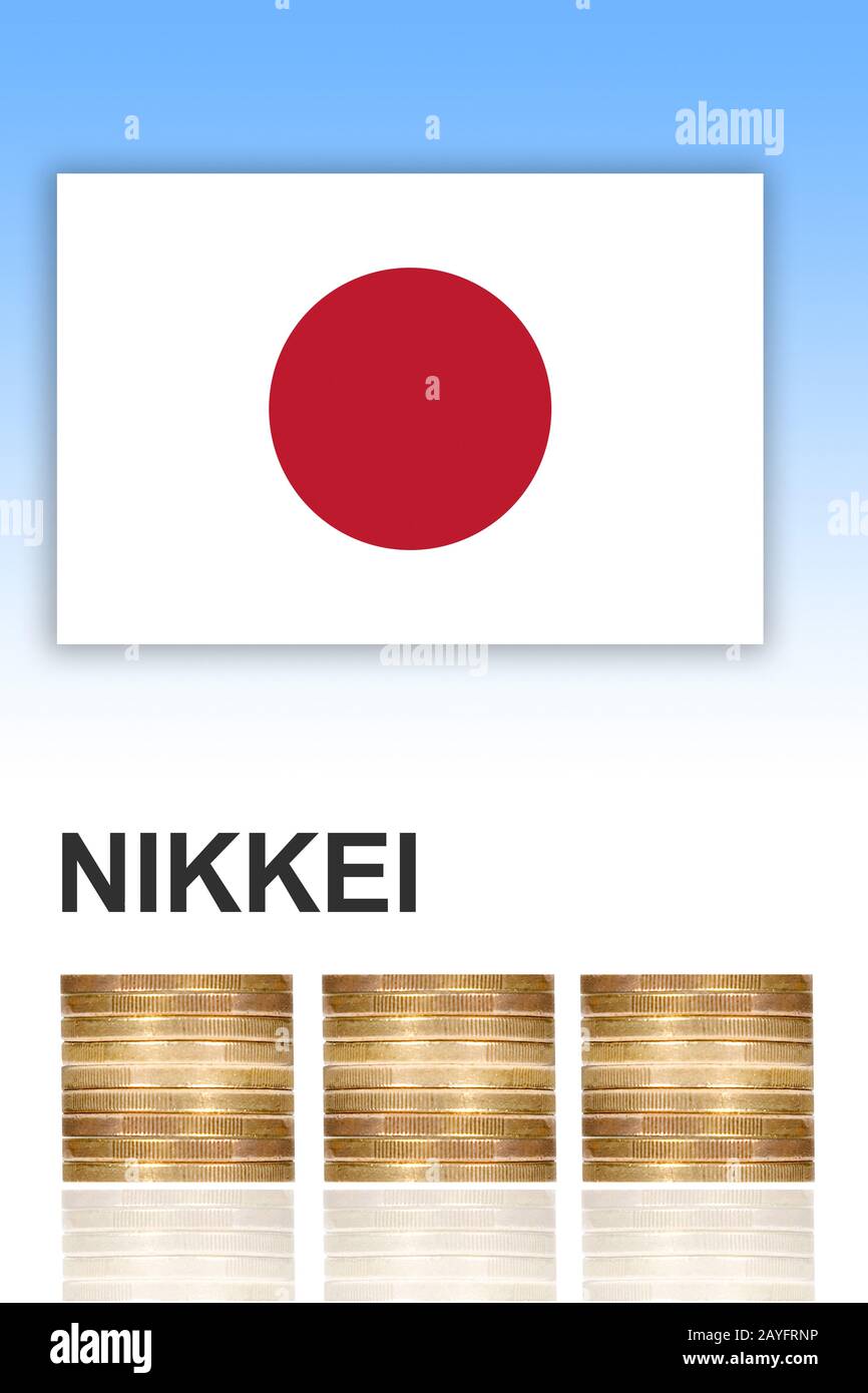 Nikkei, Nikkei Heikin Kabuka, mit gestapelten Euro-Münzen und Flagge Japans, komponierend, Japan Stockfoto