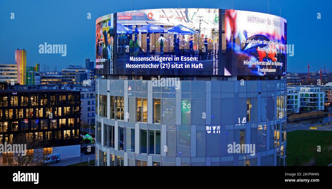 Funke Media Tower mit Newswall, Deutschland, Nordrhein-Westfalen, Ruhrgebiet, Essen Stockfoto