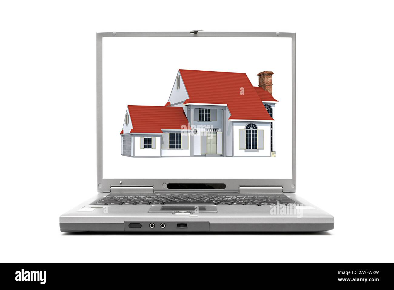 Laptop mit Einfamilienhaus auf dem Display Stockfoto