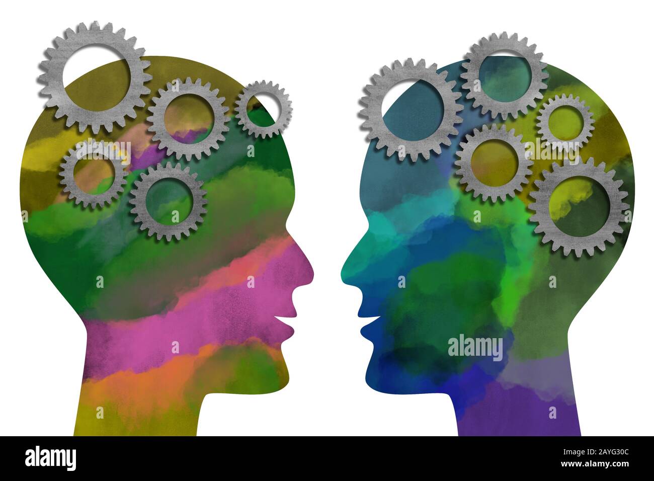 Zwei in Wasserfarben lackierte Köpfe zeigen einander, mit Metallzahnrädern, die auf weißem Hintergrund isoliert sind. Denk- und Kommunikationskonzept. Digitaler erzeugter Illus Stockfoto