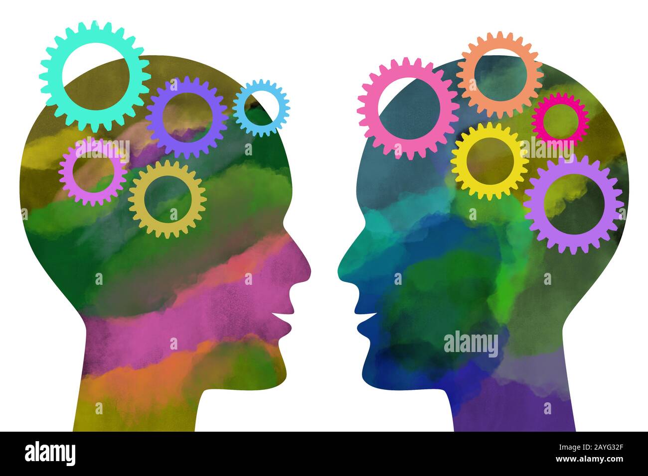 Zwei menschliche, in Wasserfarben lackierte Silhouettenköpfe, die sich gegenüberliegen, mit bunten Zahnrädern, die auf weißem Hintergrund isoliert sind. Denk- und Kommunikationskonzept. Dig Stockfoto